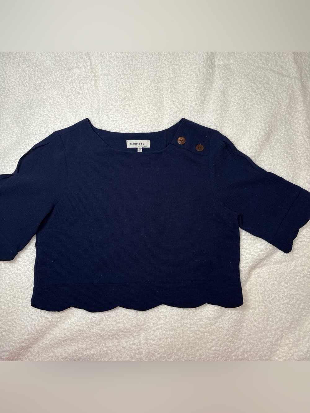 Monteau Navy Knit Top with Shoulder Button Detail